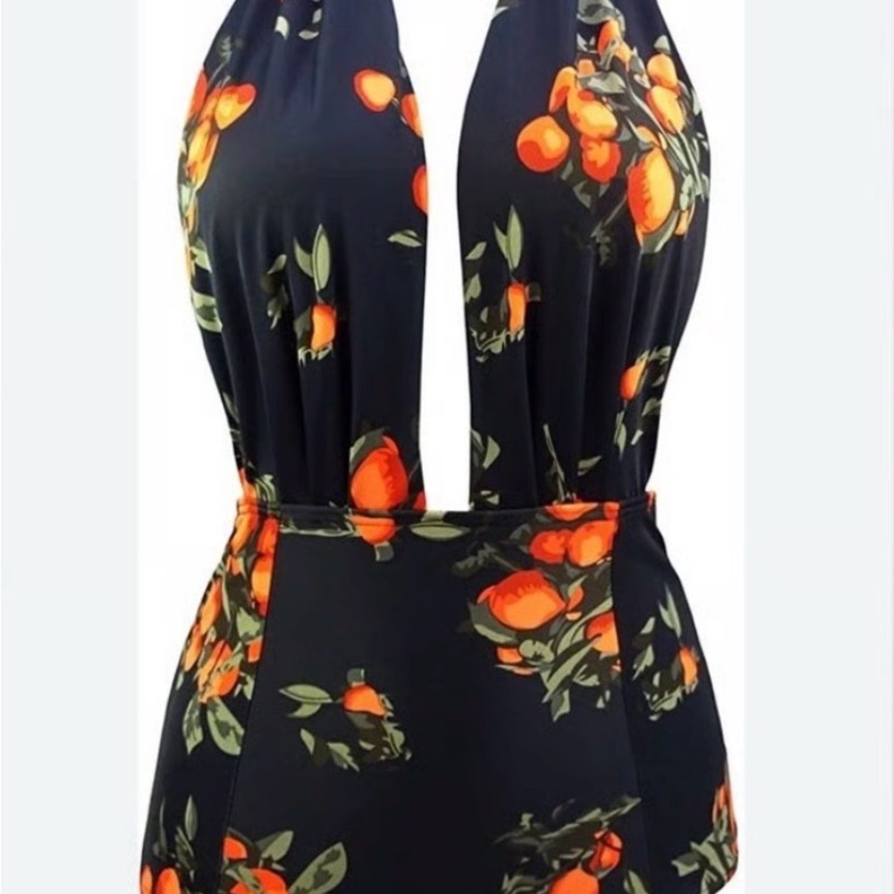 COCOSHIP Black and BOLD Orange Floral One Piece Swimsuit